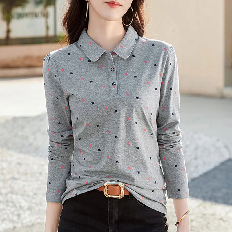 2024 Spring Women Polo Shirts Fashion Printed Female Long Sleeve Turn-down Collar T-shirts Soft Cotton Blouses Ladies Slim Tops