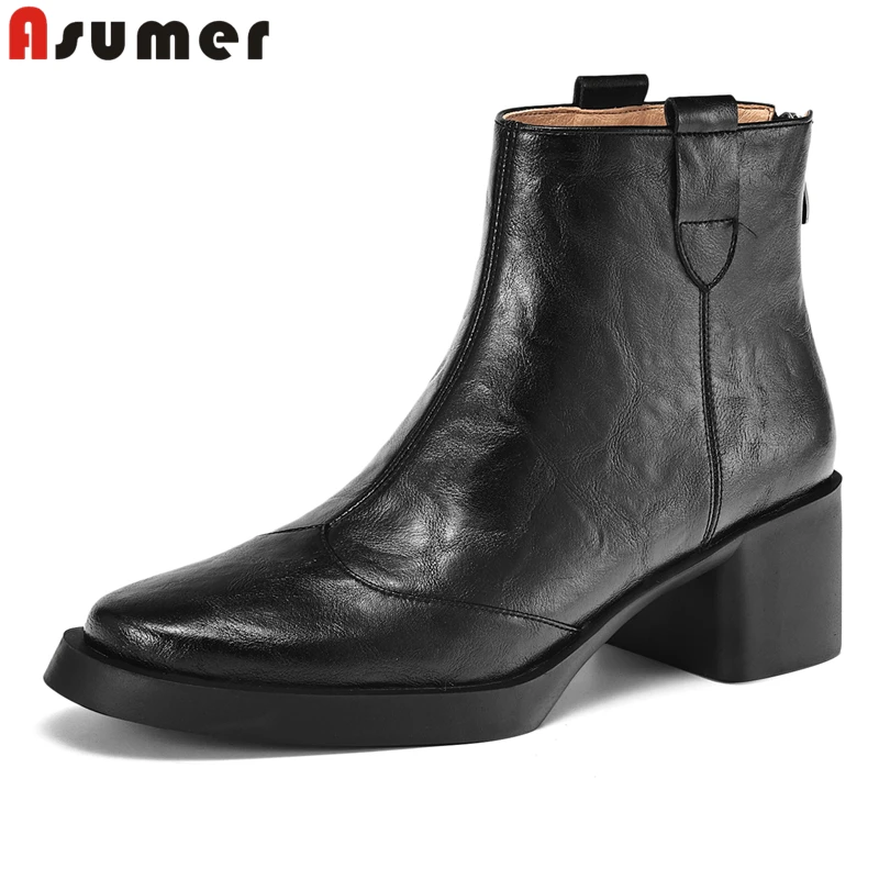 

ASUMER Plus Size 34-43 New Genuine Leather Boots Women Back Zipper Square Mid Heels Autumn Winter Fashion Booties