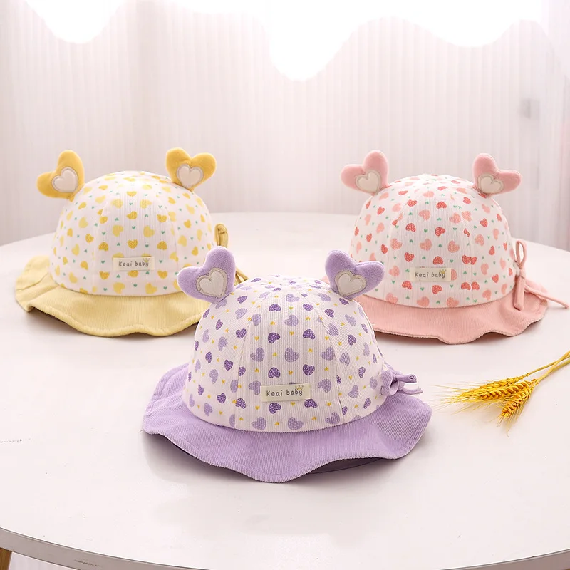 

Cute Baby Love Bucket Hat 6-18M Boy Girl Anti-UV Fisherman Cap Heart Print Infant Sunscreen Basin Caps Soft Cotton Kids Visors