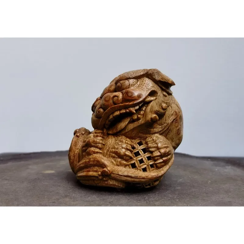 Handmade Bamboo Root Carving Playful Lion Statue Traditional Folk Art Ornament Home Decor Gift Unique Wood Sculpture Figurine