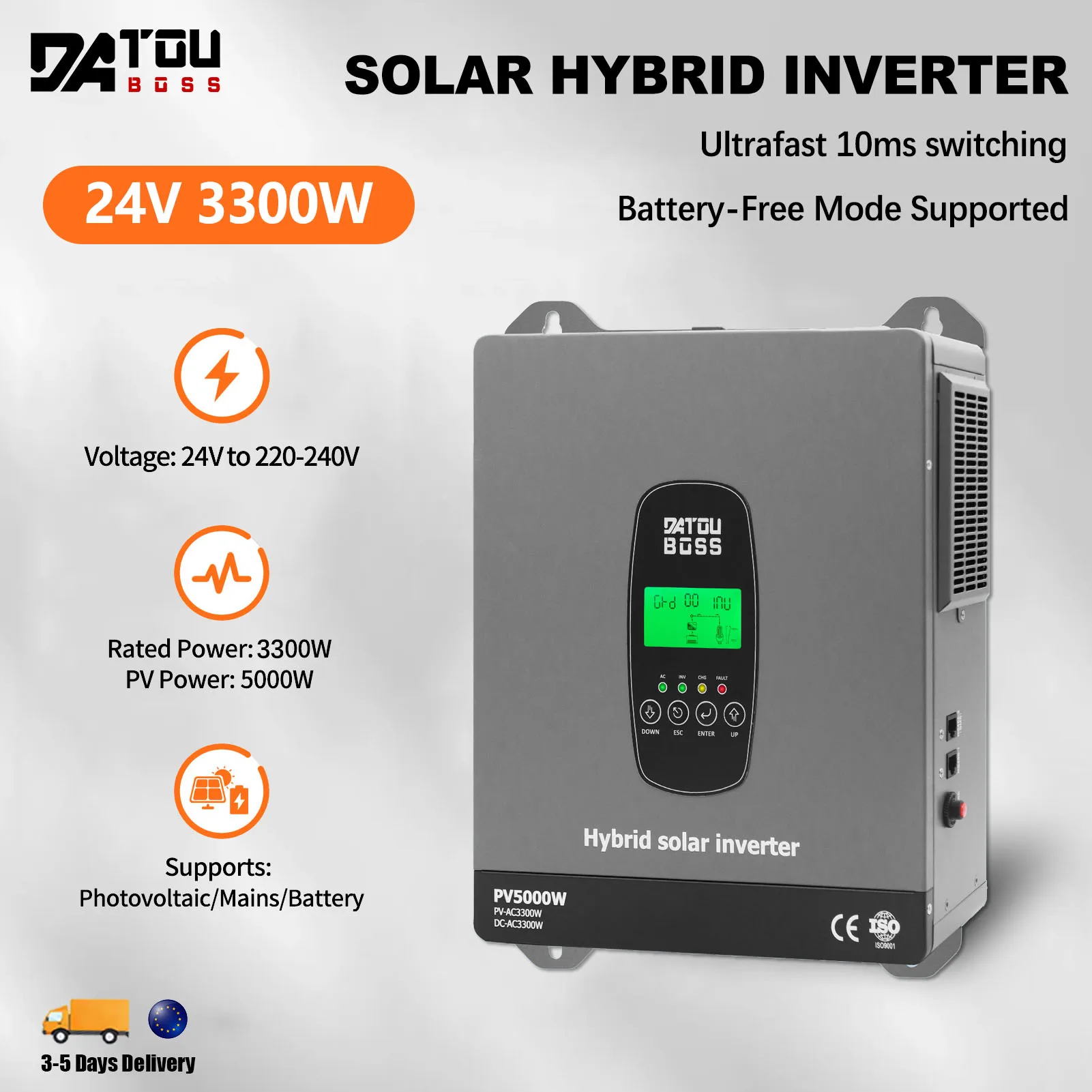 DATOUBOSS 24V 3300W onduleur hybride solaire 5000W PV 120A MPPT charge rapide 10ms temps de transfert UPS onde sinusoïdale Pure pour le secours à domicile