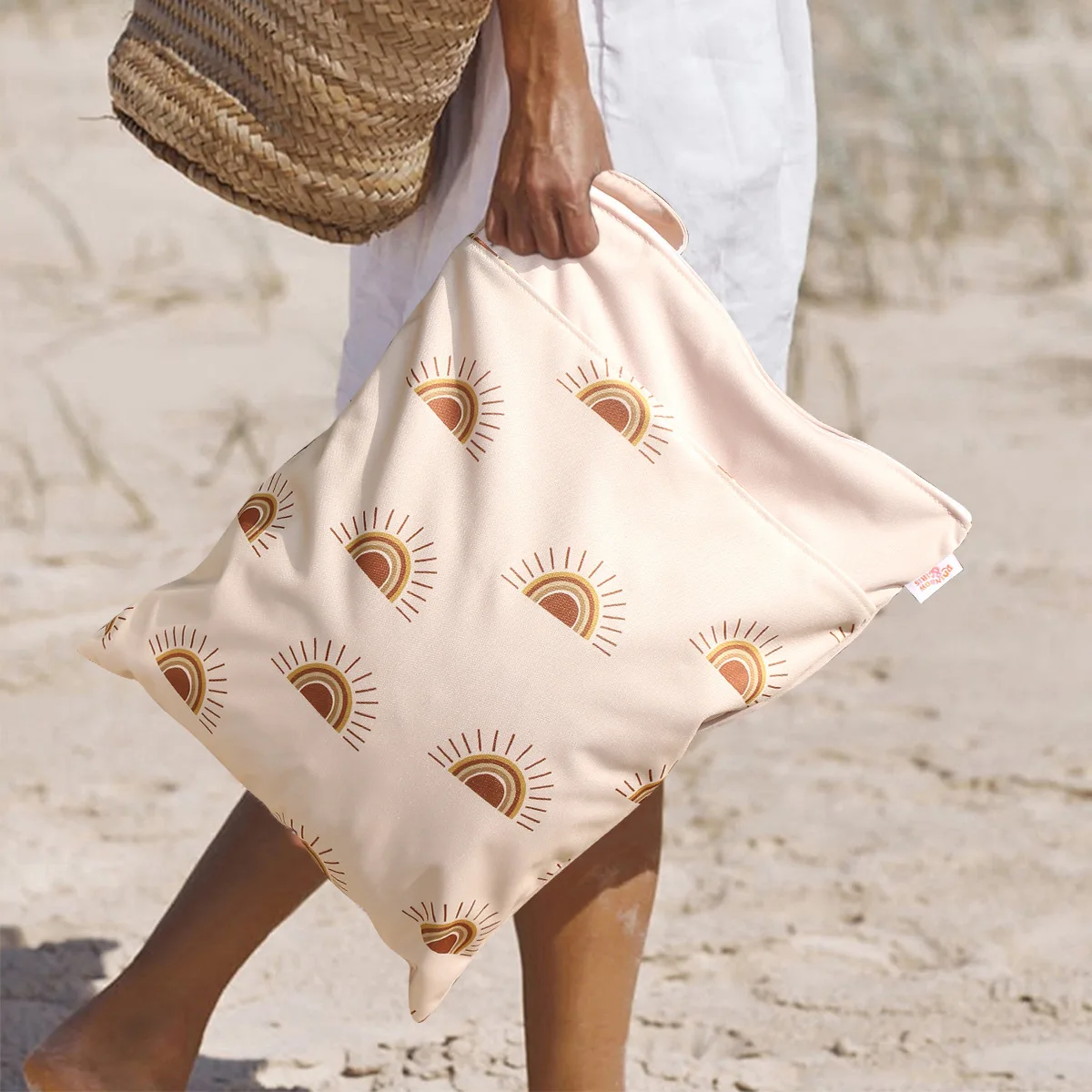 Bolsa para almacenamiento de ropa sucia, con bolsillo y asas con cremallera, diseño elegante Sunburst para el hogar, piscina, gimnasio, artículos esenciales para la playa, accesorios modernos
