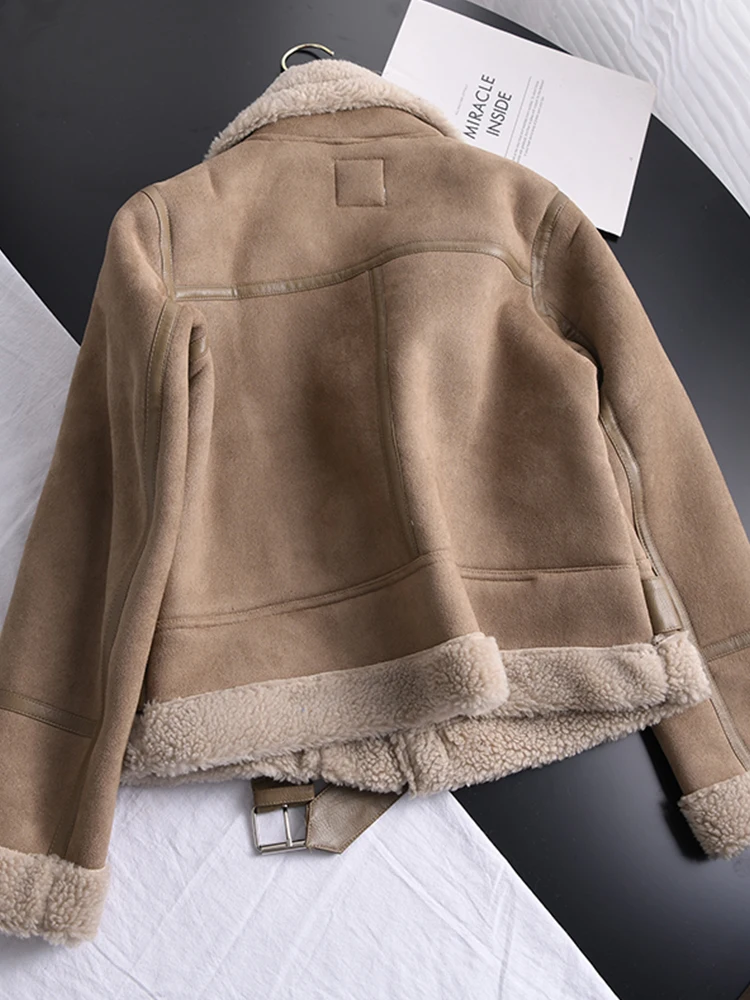 Winter Women Thick Warm Suede Lamb Jacket Short Motorcycle Brown Coats Faux Shearling Sheepskin Leather Jackets Outwear