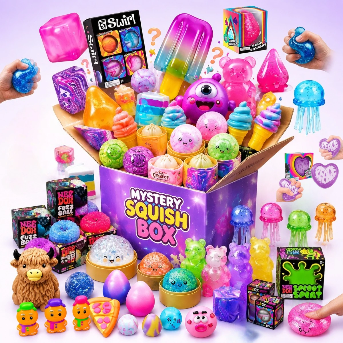 

Mega Mystery Squishy Toy Box with Assorted Shapes, Ice Cream Jelly Bear Highland Cow Designs, Super Soft Stretch Squeeze Toys for Kids Party Goodie Bag Stuffers