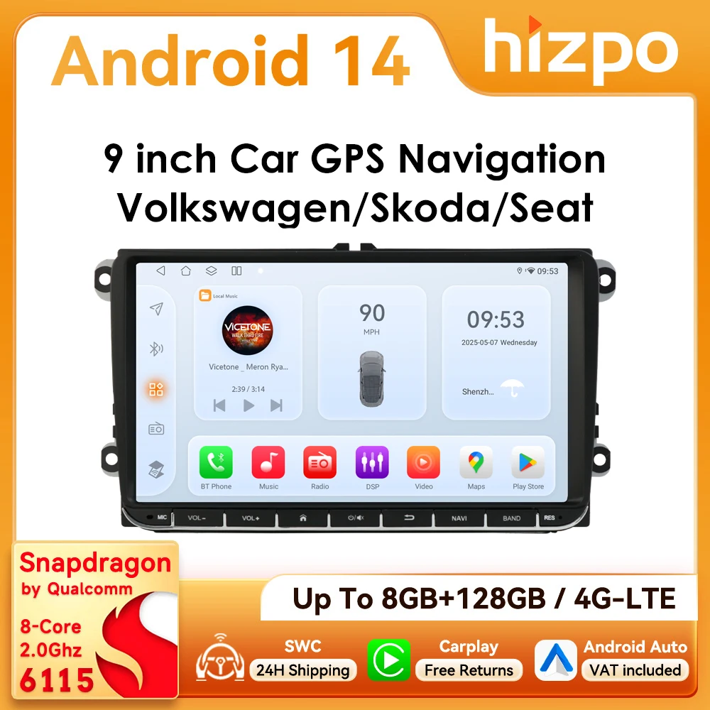 Autoradio Hizpo 9 pouces CarPlay Android Auto pour VW Volkswagen Golf Passat B6 B7 Skoda Seat Octavia Polo Tiguan RDS DSP GPS BT 4G