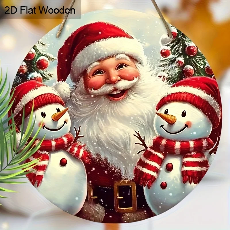 2D Flat 1pc Christmas Red Santa Claus Snowman Berry Snowflake Xmas Wood Porch Wreath Hanging Print Sign Painting Home Fence Deco
