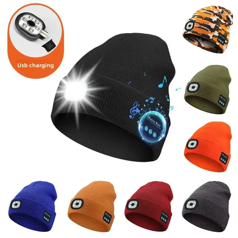 Bluetooth Music Beanie LED Light Up Knit Hat Rechargeable Headlamp Speaker Party Performance Sports Running