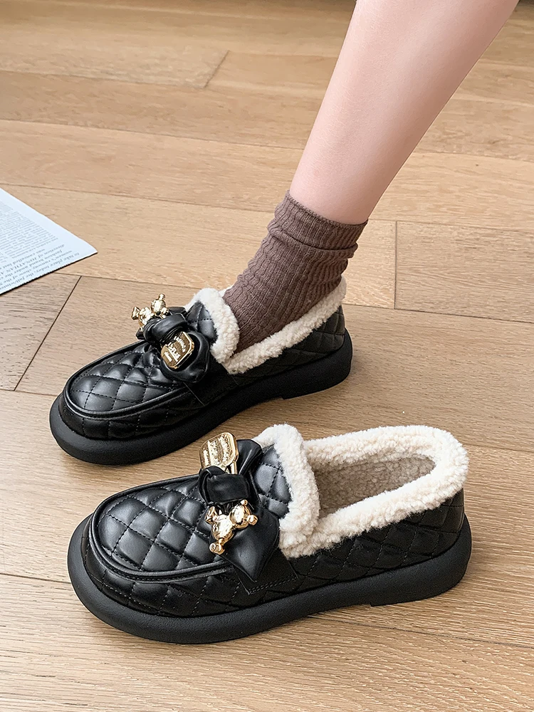 Round Toe Shoes Woman 2024 Autumn Slip-on Loafers Fur Casual Female Sneakers Shallow Mouth New Fall Slip On Winter Moccasin Soli