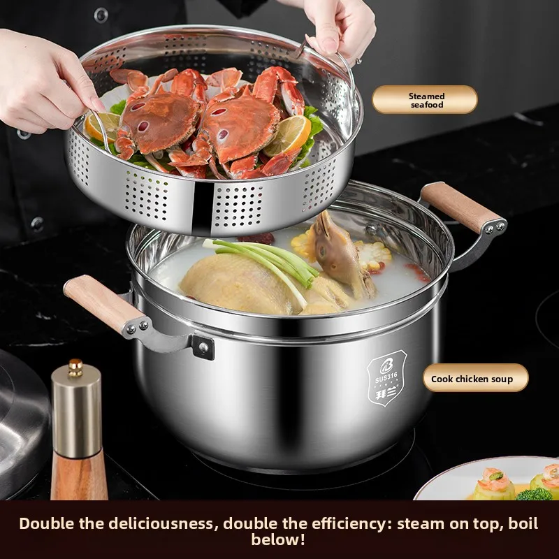 Yjq   small steamer stainless steel household thickened drain single-layer water barrier multi-purpose cooking soup pot