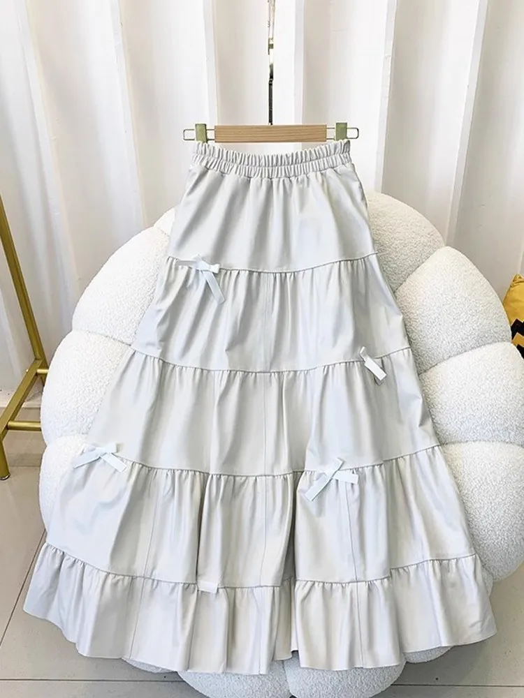 Women Fashion Genuine Leather Long Skirt Casual Loose Fit Elastic High Waist Sweet Bowknot Solid Color Lady Layers A-Line Skirts