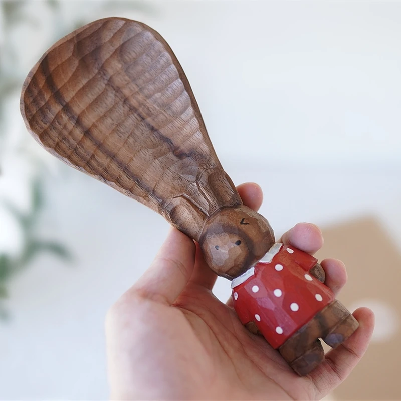 Rabbit rice spoon black walnut wood carving cute handmade standing rice spoon