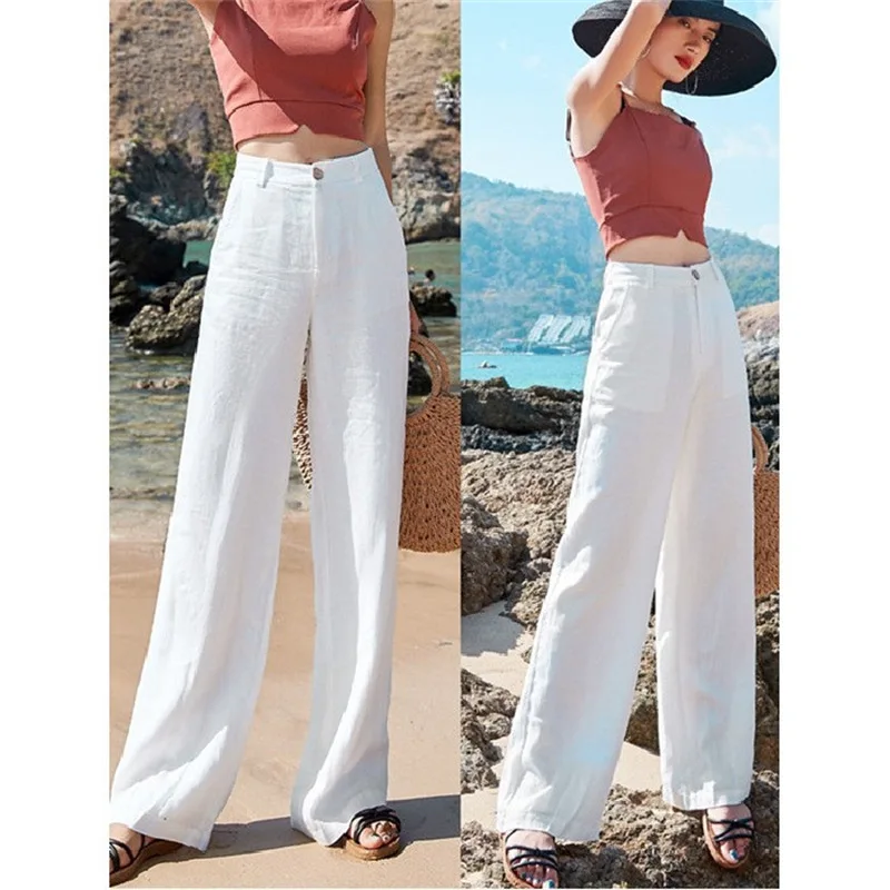 Summer Cotton Linen Pants Women Elegant High Waist White Wide Leg Pants Woman Casual Loose Straight Full Trousers Female