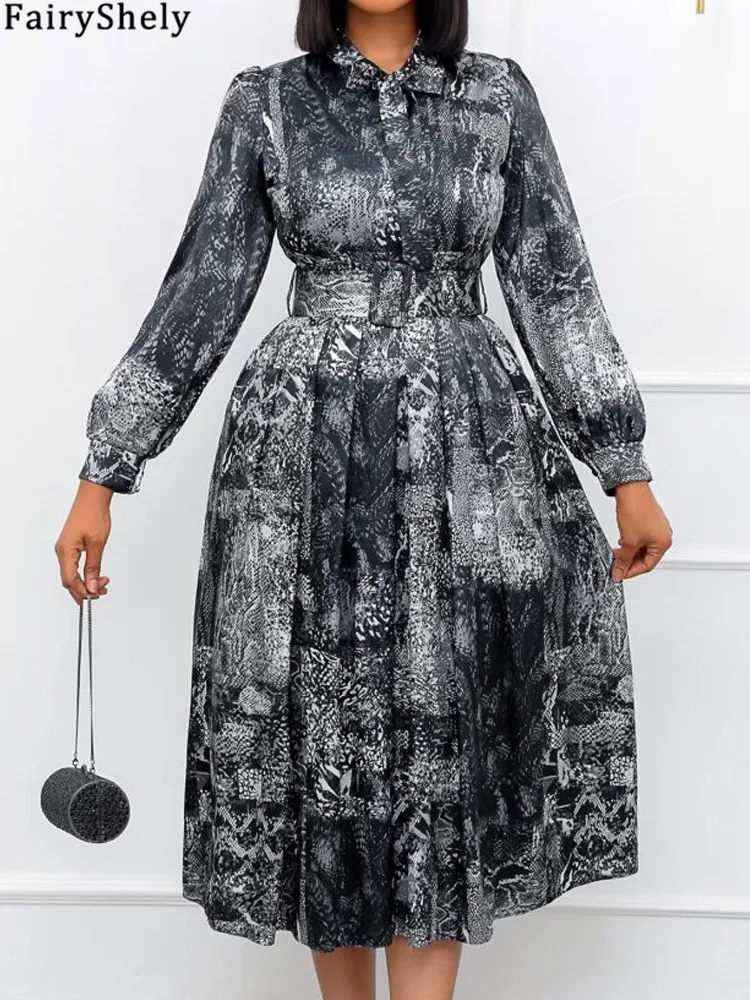 FairyShely Spring 2025 Print Plus Size Dress Women Long Sleeve Large Belt Big Dresses Lady Autumn Party Tight Curvy Dress