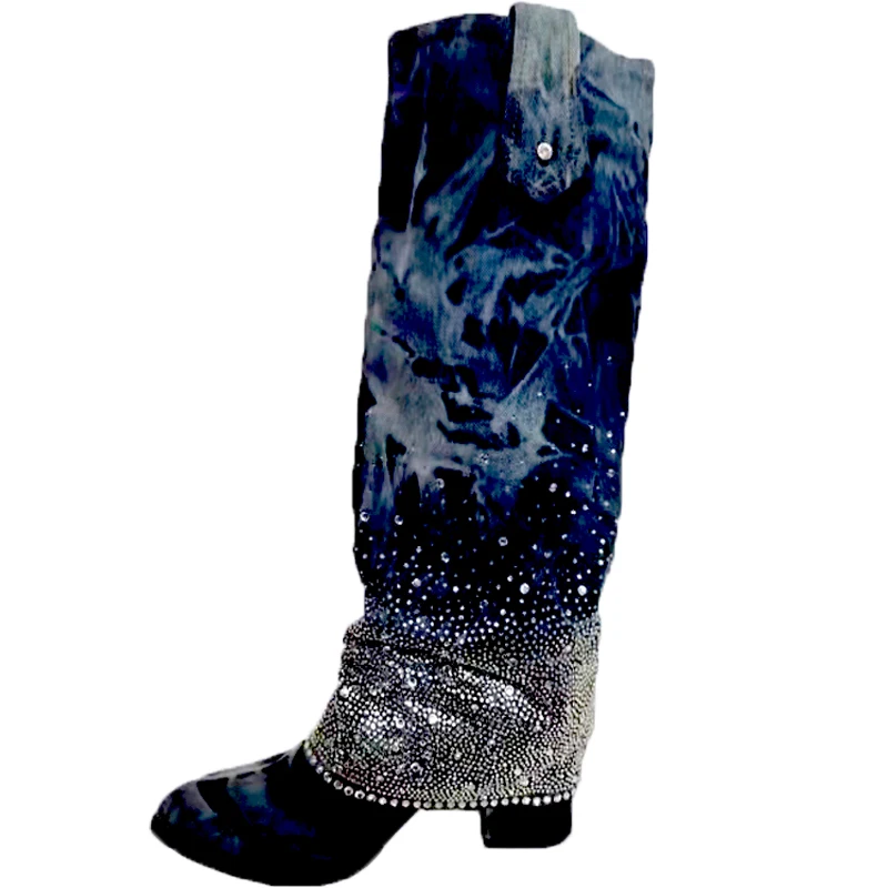 Super Bling Crystal Fold-over Denim Knee Boots Cover Chunky Heel Pointy Toe Retro cloth Boots Woman Rhinestone Jean Knight Boots