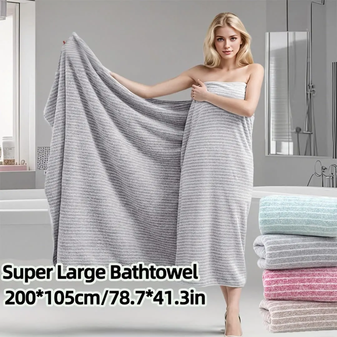 

105X200cm Oversized Bath Towel Coral Fleece Soft Absorbent Quick Dry Striped Non-Shedding Durable Bathroom Beach Towel
