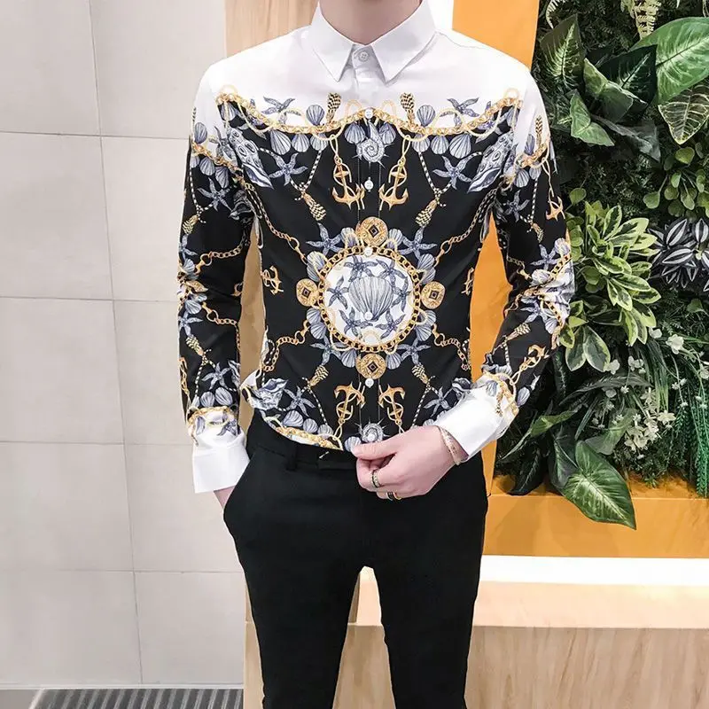 Spring Autumn Turn-down Collar Fashion Long Sleeve Shirt Man England Office Blouse High Street Casual Printing Button Cardigan