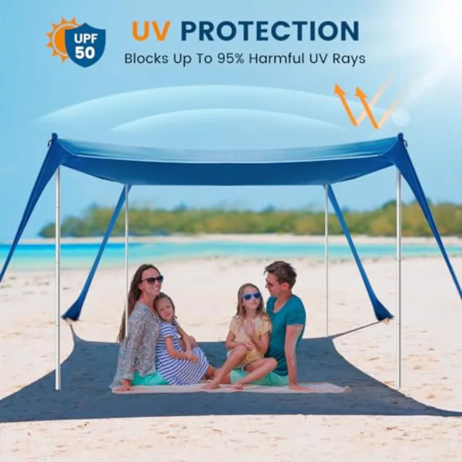 Beach Tent - 10 x 10 FT Outdoor Shade Canopy for Camping, Blue Polyester UPF50 Sun Shelter with 4 Stability Poles, Sandbags, An