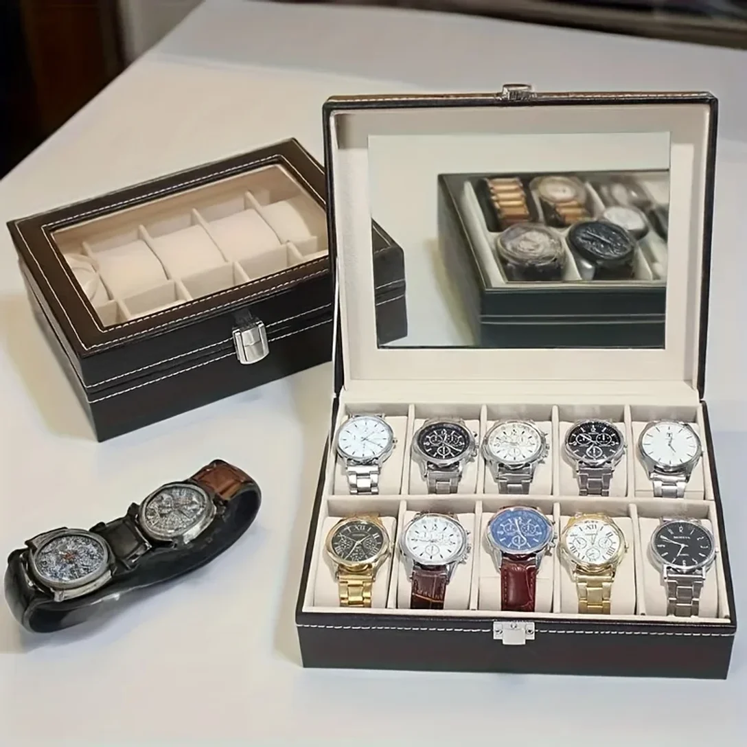 

1pc Elegant Watch Storage,3/12-Compartment Showcase with Glass Top & Secure Locking Feature,High-Quality Faux Leather for Home