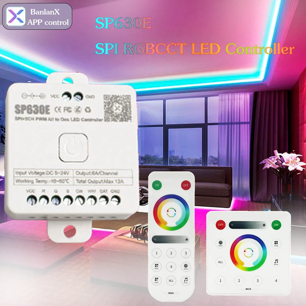 

SP630E 5 in 1 LED Controller SPI Pixels RGBCCT LED Light Strip 2.4G RF Touch Remote Control Smart BanlanX APP For Alexa Google