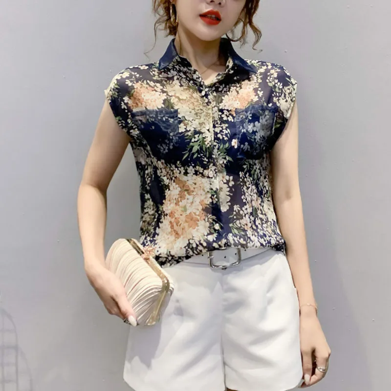 New Print Blouse Women Ladies Tops Blusas Mujer Summer Floral Chiffon Women\'s Shirts Casual Sleeveless Female Clothing 10225