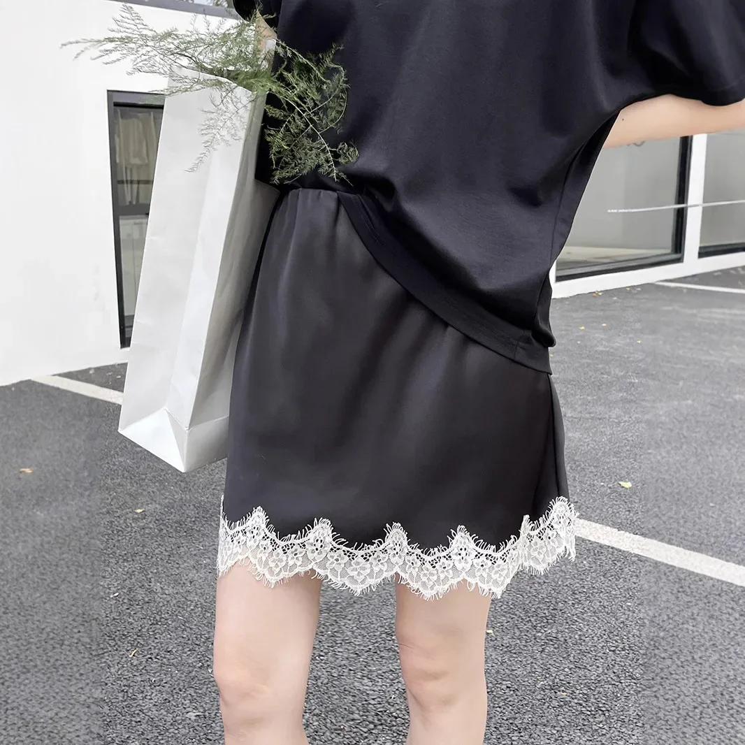 2026 Summer New Simple Satin Glossy Lace Splicing A-line Half Body Skirt for Women