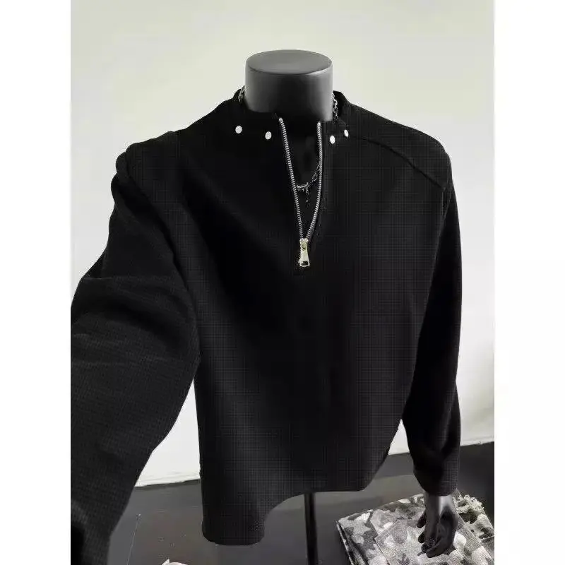 American Retro Rivet Half Zip Hoodie Men's Spring Cleanfit High-End Feeling Cool Trendy Brand Wafer Grid T-Shirt