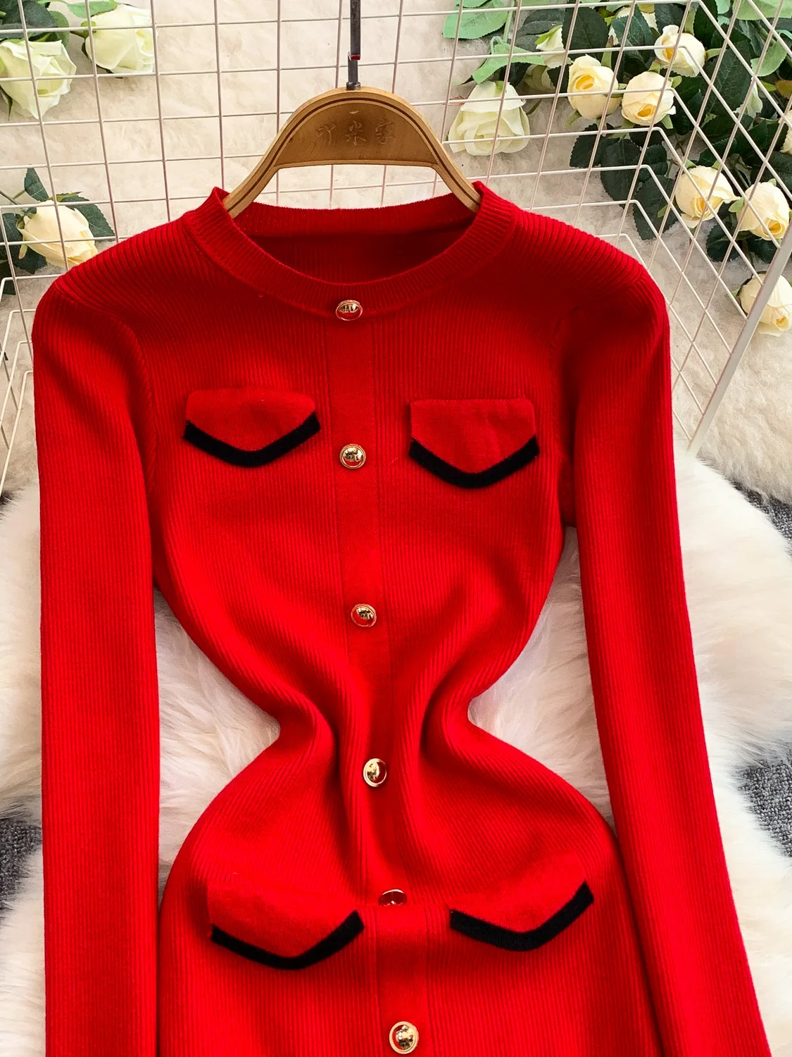 한국 슬레 니트 라운드 네드 여성 슬림핏 롱 스커트 하이웨이스트 엘라스틱 메탈 블루 가을 겨울 패션 드레스