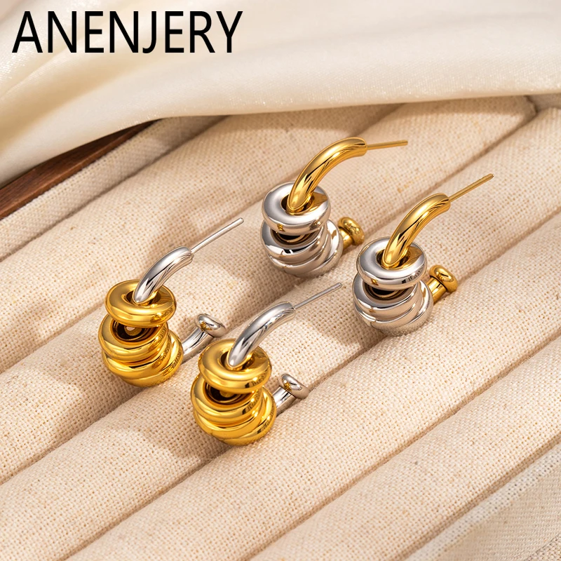 ANENJERY 316L Stainless Steel Geometry C-shape Circular Earrings for Women Men Personality Fashion Punk Jewelry Gifts Wholesale