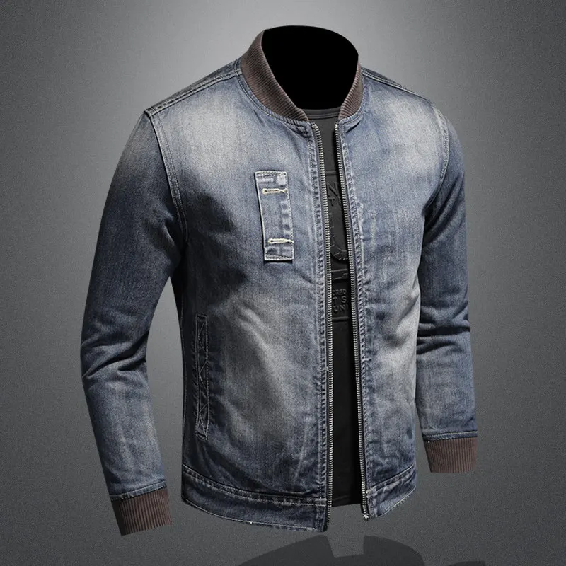 Autumn Winter Commuter Style Men's Loose Casual Simple Baseball Collar Jacket Retro Warm Fleece Thickened Blue Denim Jacket