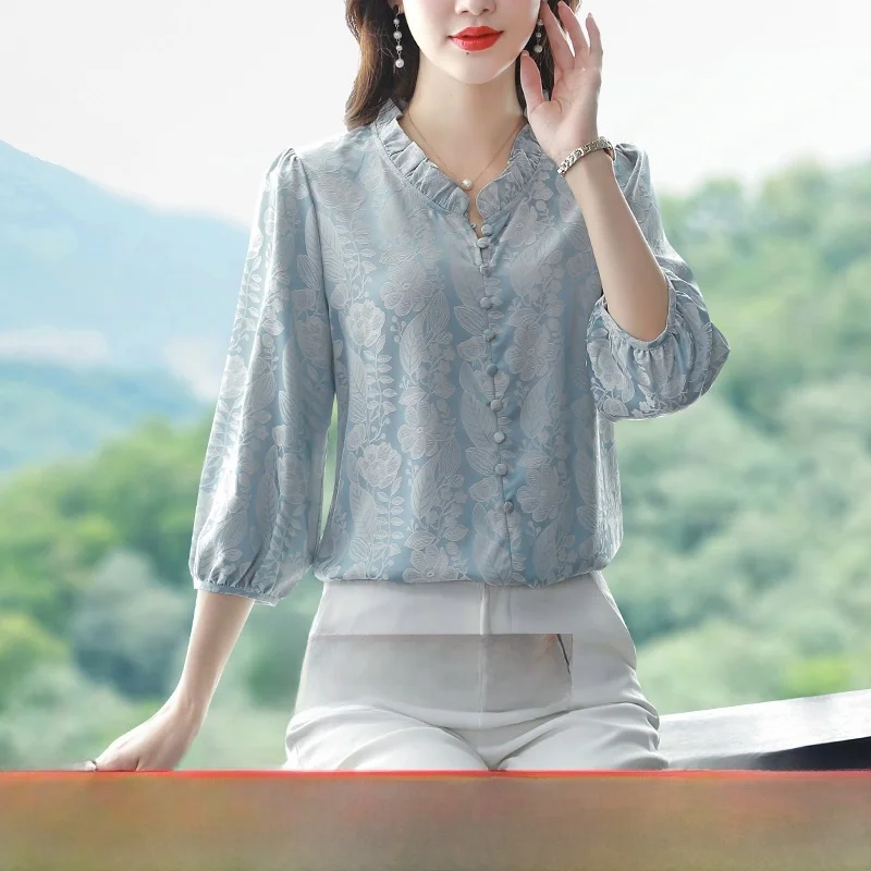 

Ele Floral Print Chiffon irt Women's Stand Collar Slimming Top French Sle Regular Fit Polyester Silk Blend Summer New...