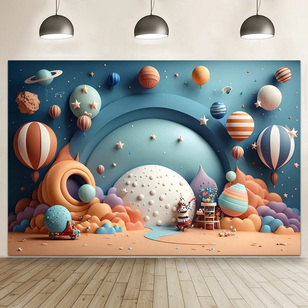 Niebieski statek kosmiczny chłopiec 1. urodziny tło 3D balon na ogrzane powietrze kreskówka astronauta ciasto zgniatanie tło fototapety do studia
