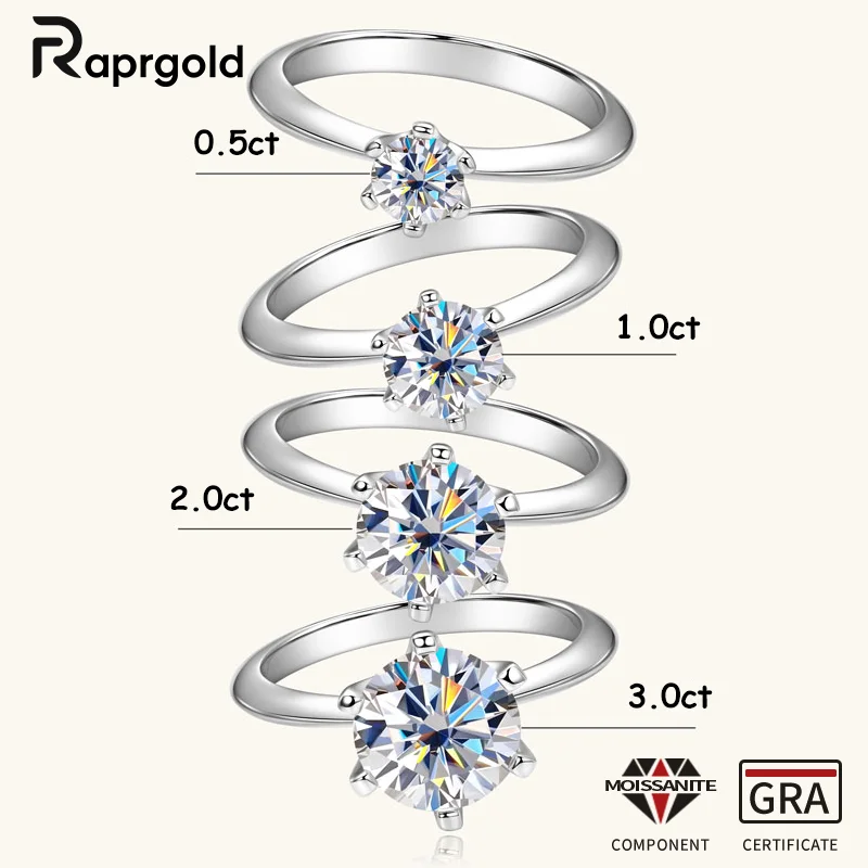 

RAPRGOLD GRA Certified Multi-size Solitaire Round Moissanite Ring for Women 925 Sterling Silver Engagement Wedding Jewelry Gift