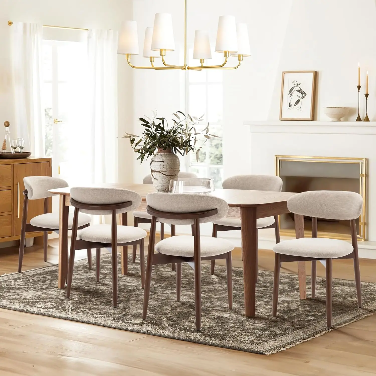 

Wooden Dining Chairs Set of 6, Modern Fabric Upholstered Dining Room Chair, Farmhouse Kitchen Side Chairs with Foot Pegs, Beige