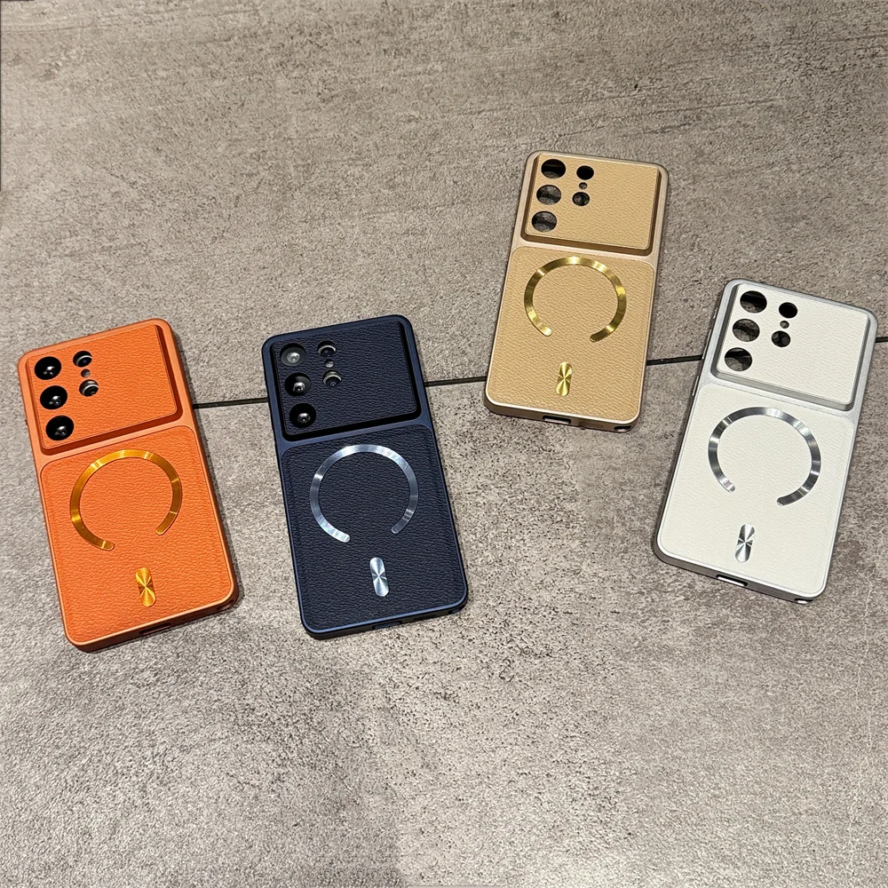 Luxury Big Window Magnetic Matte PU Leather Phone Case For Samsung Galaxy S26 Ultra S25 Plus S24 FE For Magsafe Shockproof Cover