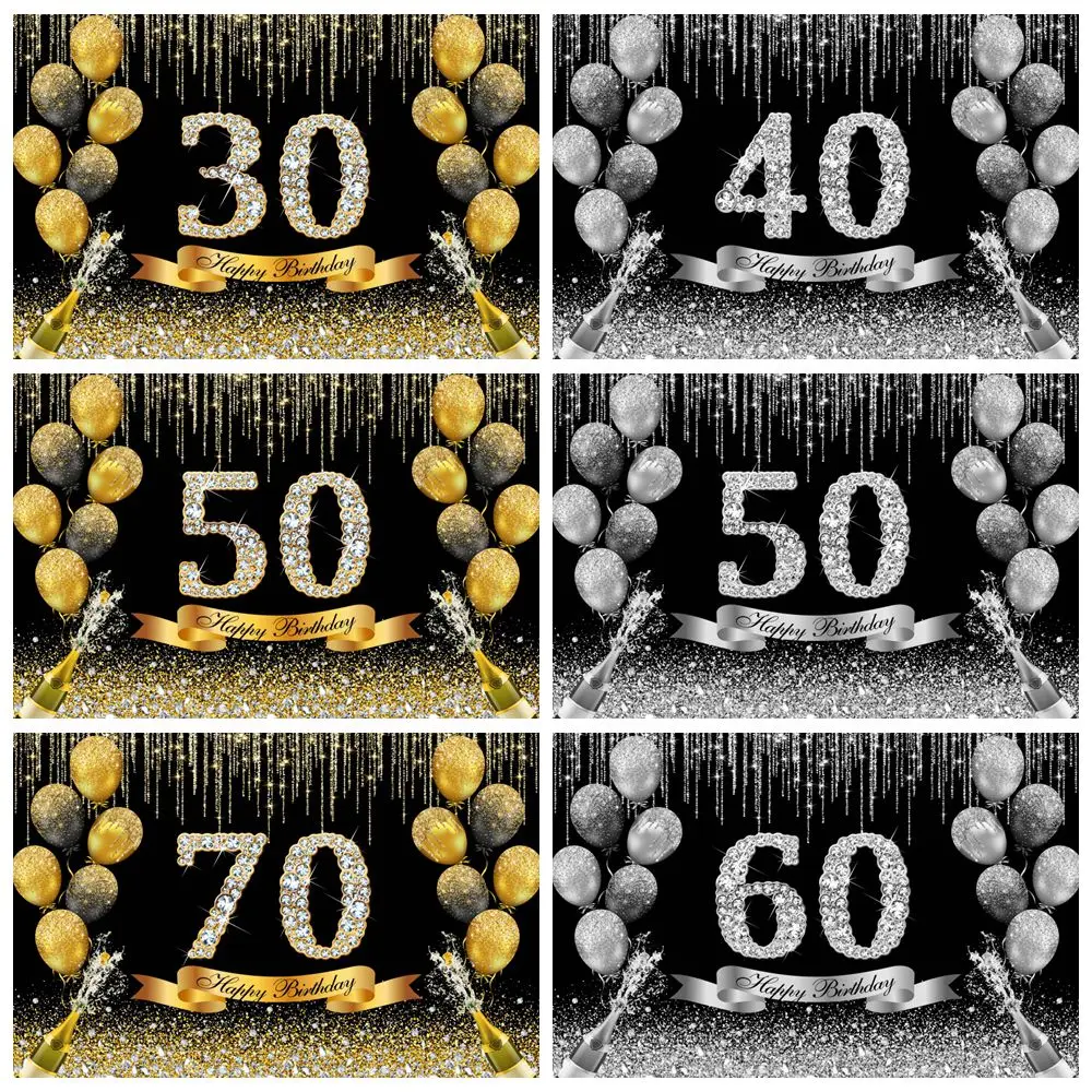 Glitzer Gold Silber schwarz Luftballons Geburtstag Party Dekor Hintergrund Banner 30. 40. 50. 60. 70. Erwachsener individueller Fotohintergrund
