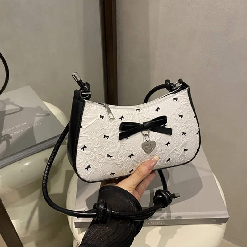 Y2k Pink Bow Armpit Bag for Women, New Fashionable and Versatile Texture Light Luxury Single Shoulder Small Square Bags