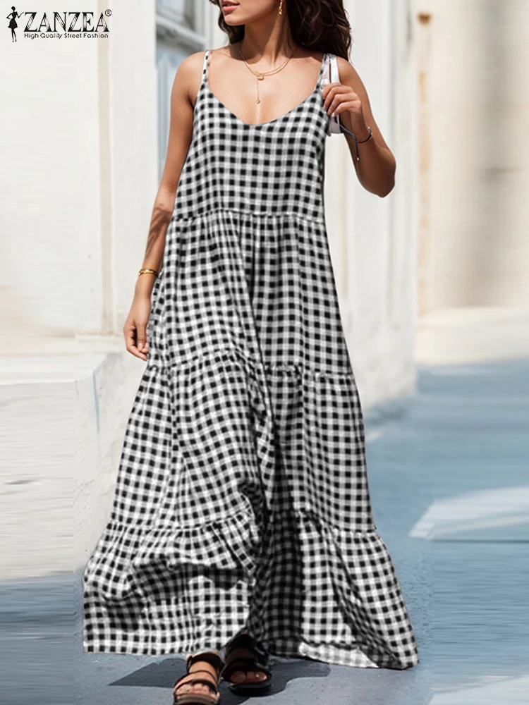 Sukienka damska ZANZEA w kratę, rozmiar plus size 5XL, długa, letnia, bez rękawów, na imprezę, Vestidos, falbanki, vintage, dekolt w serek, styl bohemy, maxi, sukienka letnia 2025