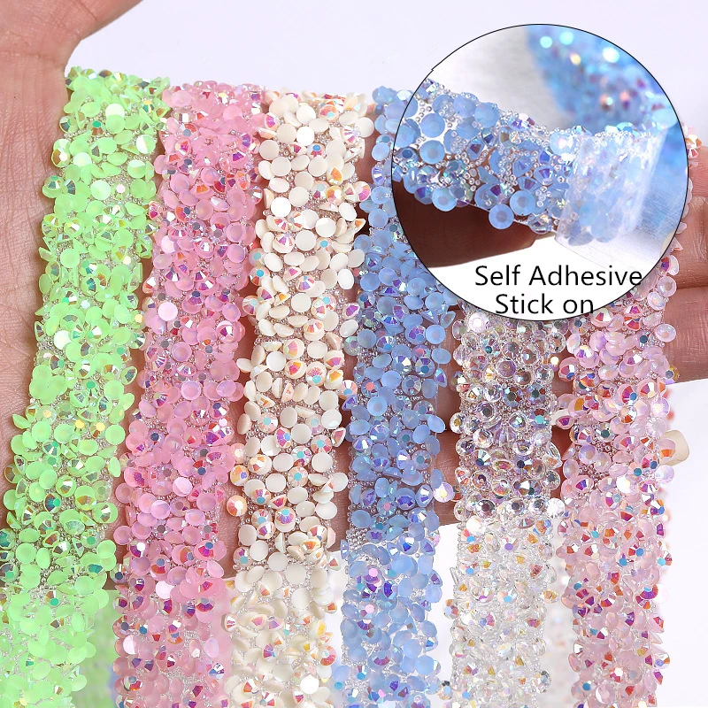 1Yard Self Adhesive 12mm Rhinestone Beaded Trim Colorful Resin Rhinestone Hotfix Ribbon Stick on Chain for DIY Garment,Shoes,dec