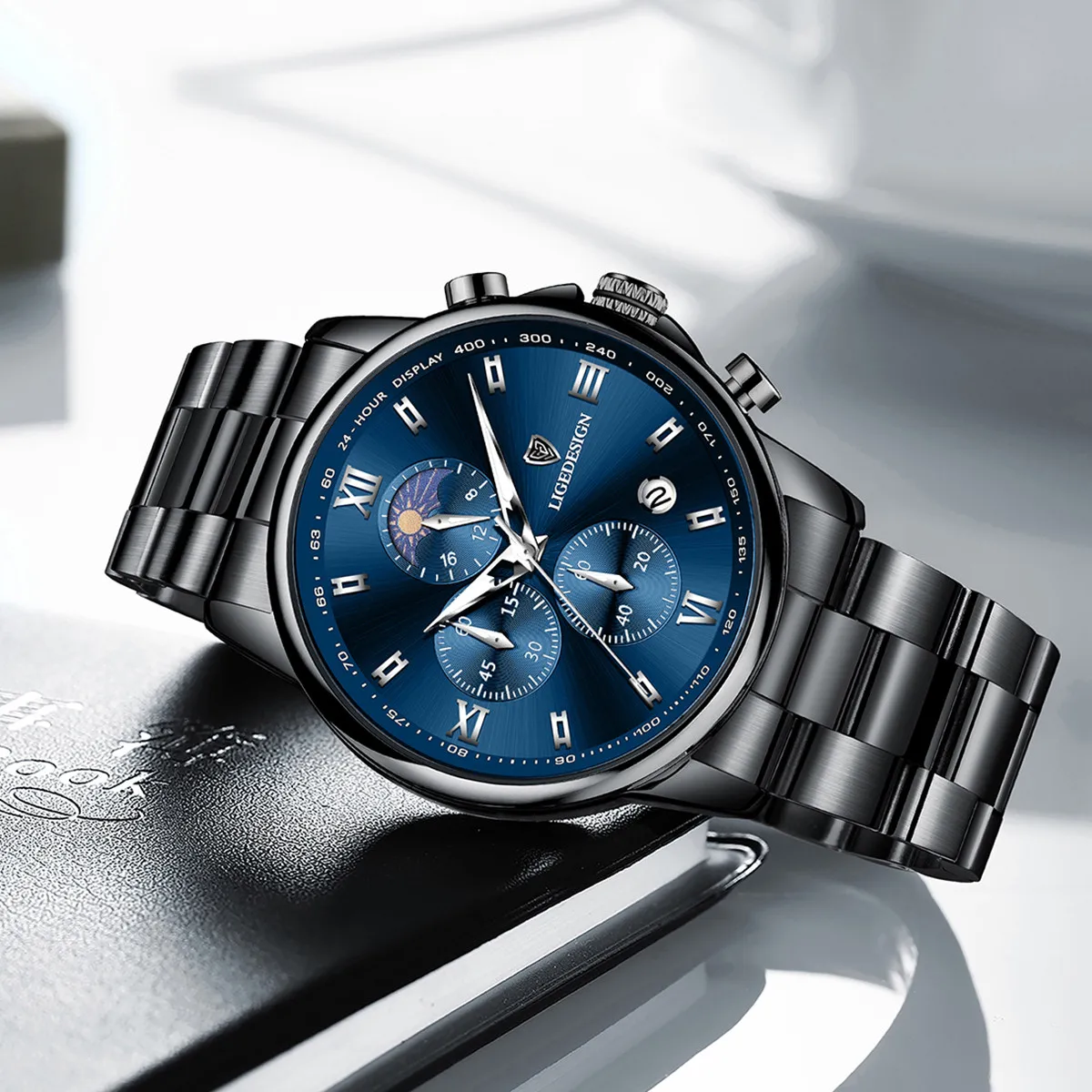 LIGE Orologio al quarzo da uomo di lusso Moda fasi lunari Orologi da uomo d'affari Orologio cronografo da uomo impermeabile in acciaio inossidabile