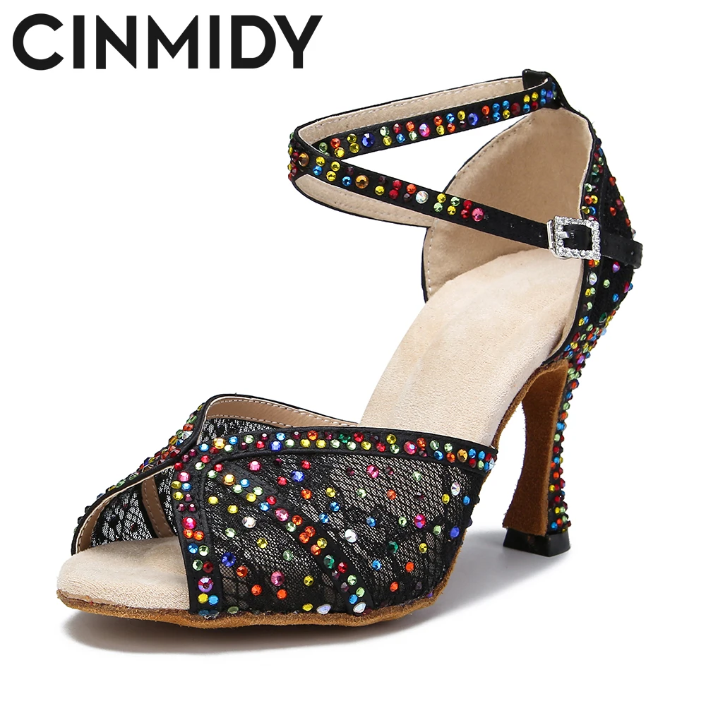 CINMIDY Colored Rhinestones Latin Dance Shoes Tango Mesh Ballroom High Heel Dance Shoes For Girls Women Indoor Party Show Shoes