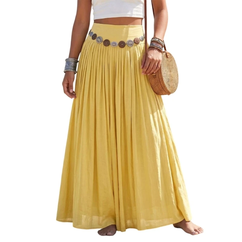 77HE Linen Skirts for Women Maxi Pleated Skirt Maxi Long Flowy Skirt A-Line Skirts Travel Beach Resort Wear