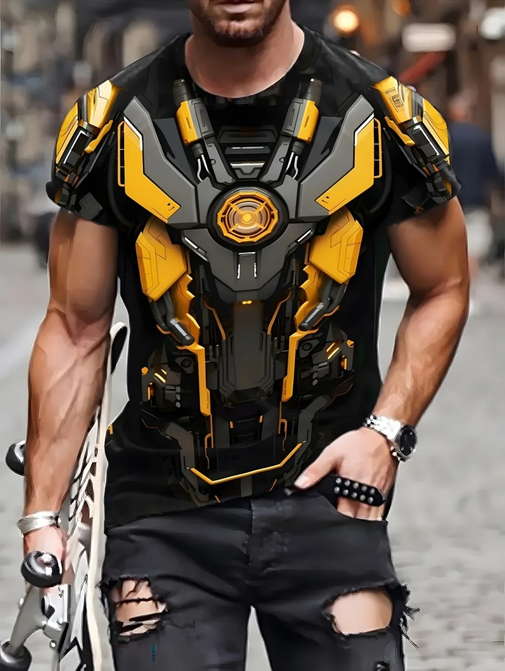 Herren 3D-gedrucktes Street Knight Gold Ninja Rüstungs-T-Shirt – Lässiges Harajuku O-Neck Party Rollenspiel Kurzarm Lustiges T-Shirt – Detail 4