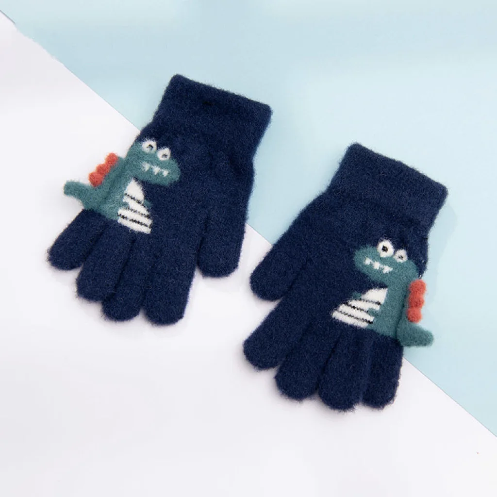 4-8 Year Old Winter Children\'s Thick Knitted Gloves Cartoon Dinosaur Warm Plush Children\'s Winter Children\'s Finger Gloves