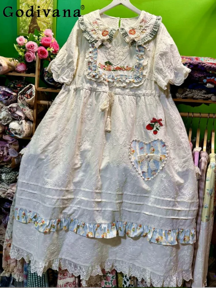 

Spring 2026 Sweet Peter Pan Collar Long Sleeve Loose Embroidered Lace Dress Fashion Versatile Age Reducing Bow Princess Dresses