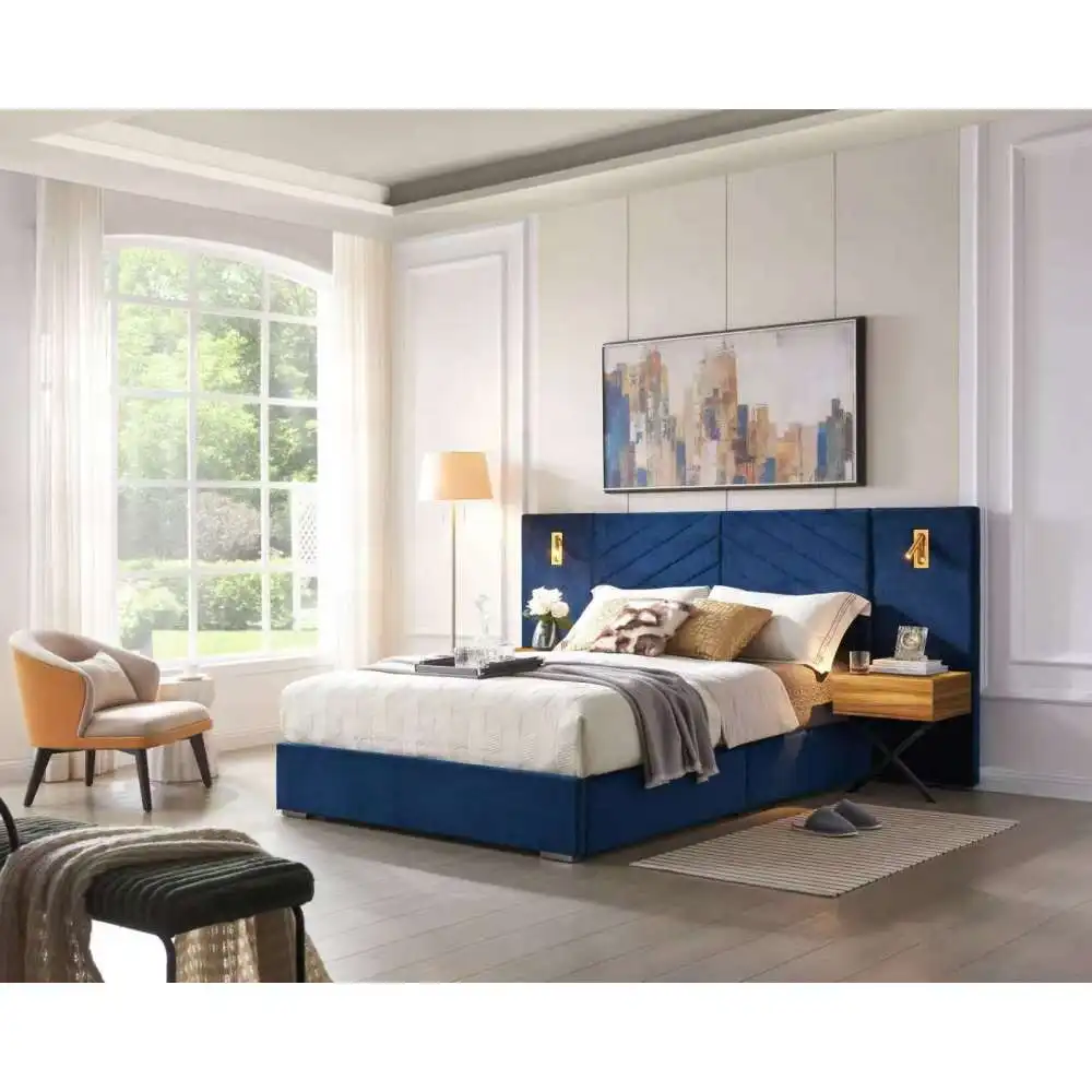 

Queen Size Royal Blue Velvet Bed:Vertical Channel Tufted Wingback, No Box Spring, Easy Assembly