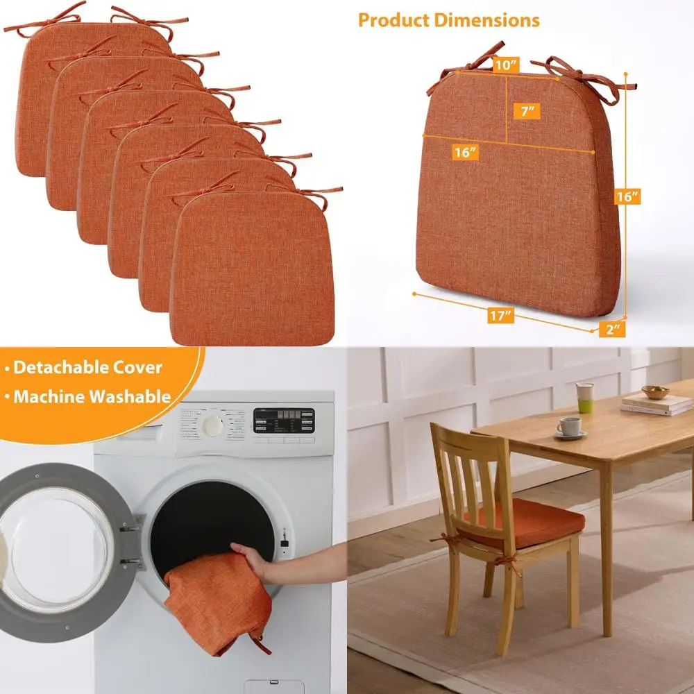 

Orange 2 Thick Seat Cushions, Set of 6, for D-Shaped Dining Chairs with Washable Covers and Non-Slip Backing