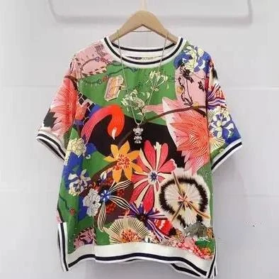 Print Blouses Short Sleeve Summer  Vintage Print Short Sleeve Lady Shirts Female Tops