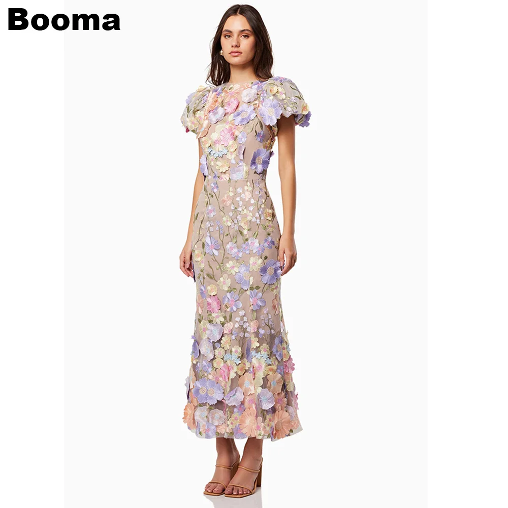 Booma Elegant Midi Prom Dresses Short Sleeves 3D Flowers Mermaid Evening Dress for Women Ankle Length Formal Gowns Customized