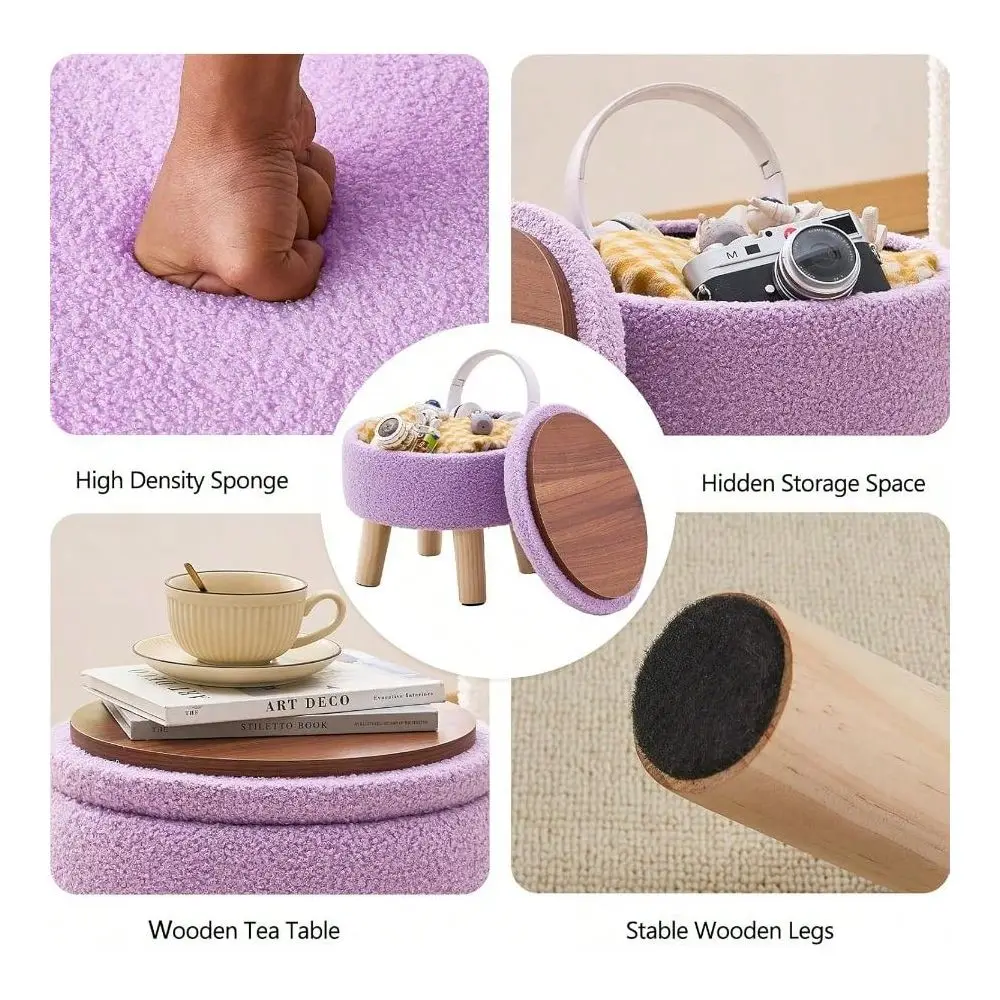 

Ottoman, Modern Round Footrest With Soft Padded Teddy Velvet Footstool With Wood Accent Small Table Or Plant Stand Hallway, Liv