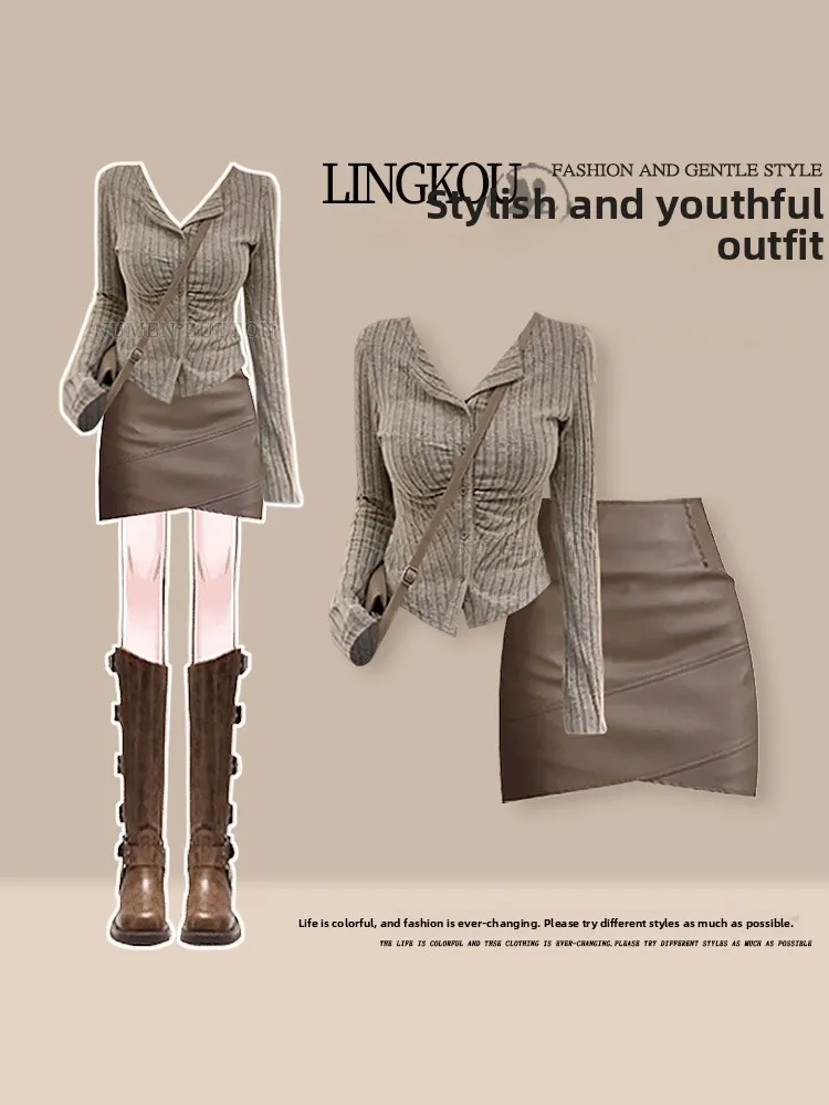 

Вязаный комплект для женщин больших размеров в осеннем стиле: топ, стройнящий фигуру, и короткая юбка в американском ретро-стиле, комплект из двух предметов, роскошный повседневный модный образ.